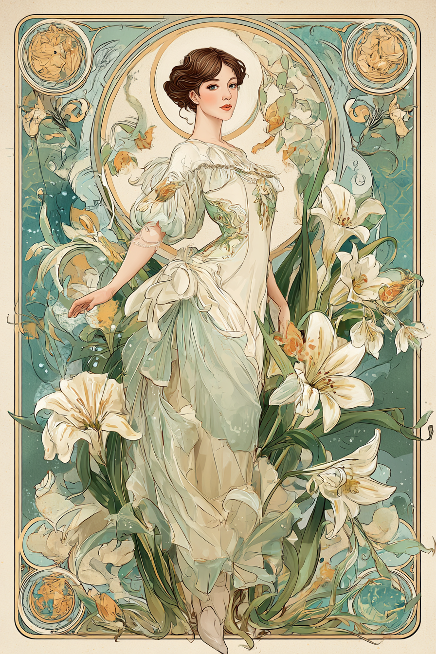 Frau Im Fliessenden Kleid Umgeben Von Lilien Im | Jugendstil | Stilrichtungen