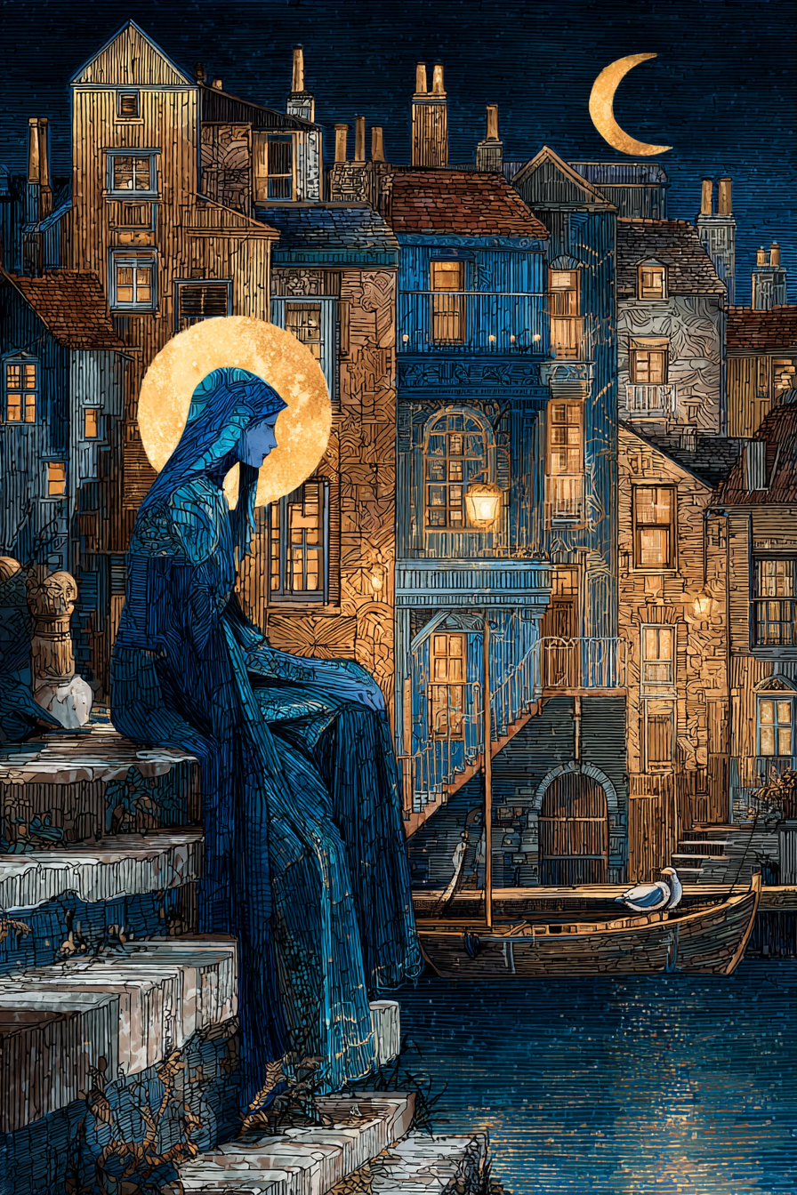 Frau In Blaür Robe In Einsamer Nacht Am Wasser | Jugendstil | Stilrichtungen