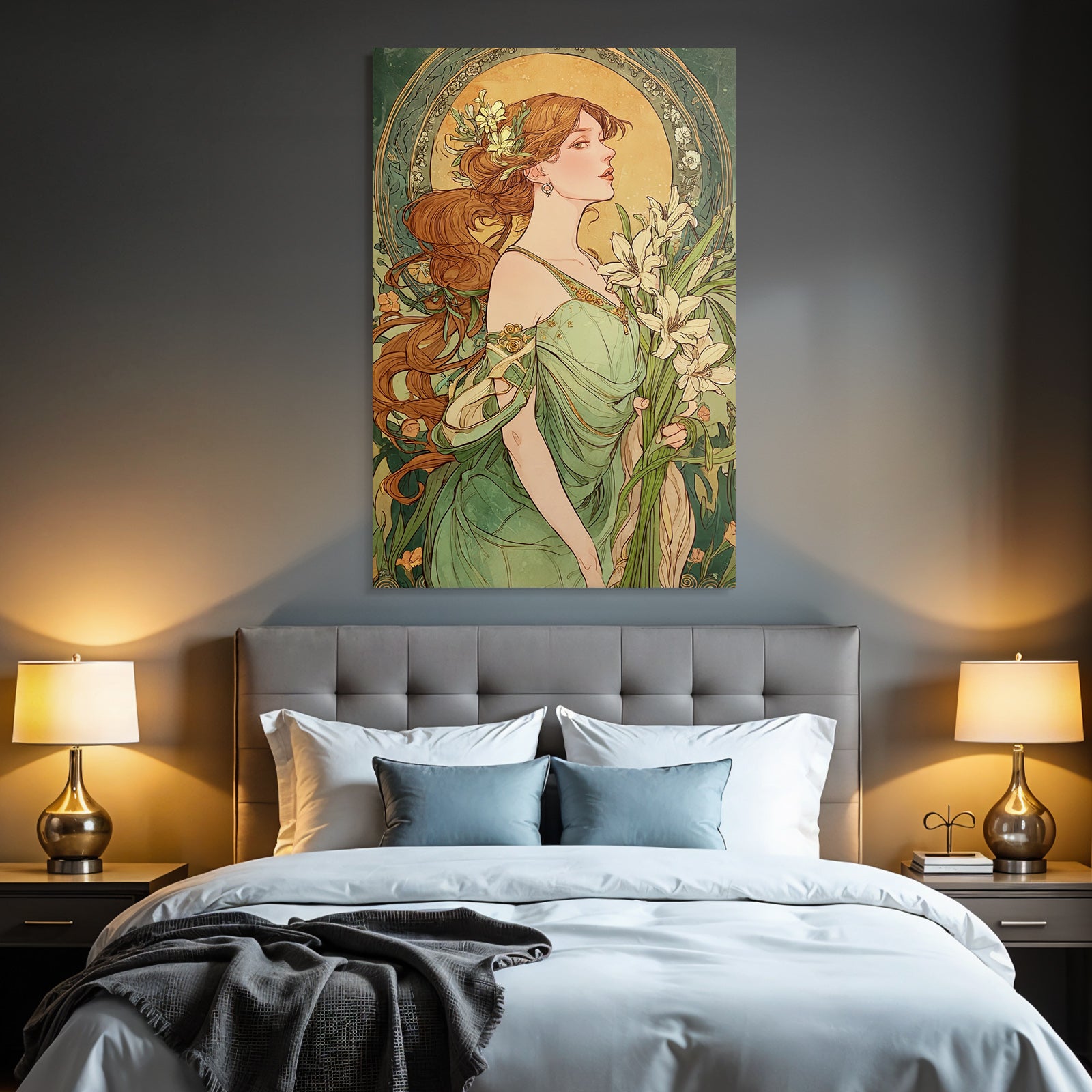 Frau Mit Fliessendem Haar Und Lilien Im Art Nouveau Stil