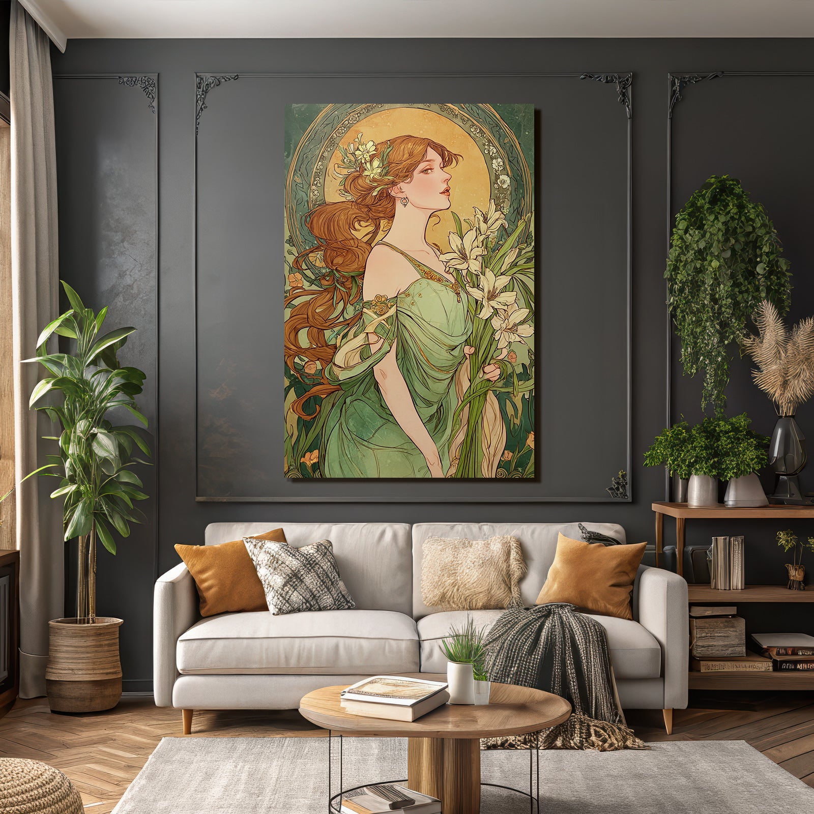 Frau Mit Fliessendem Haar Und Lilien Im Art Nouveau Stil