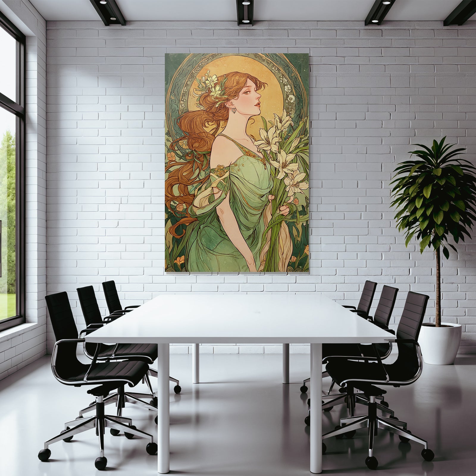 Frau Mit Fliessendem Haar Und Lilien Im Art Nouveau Stil