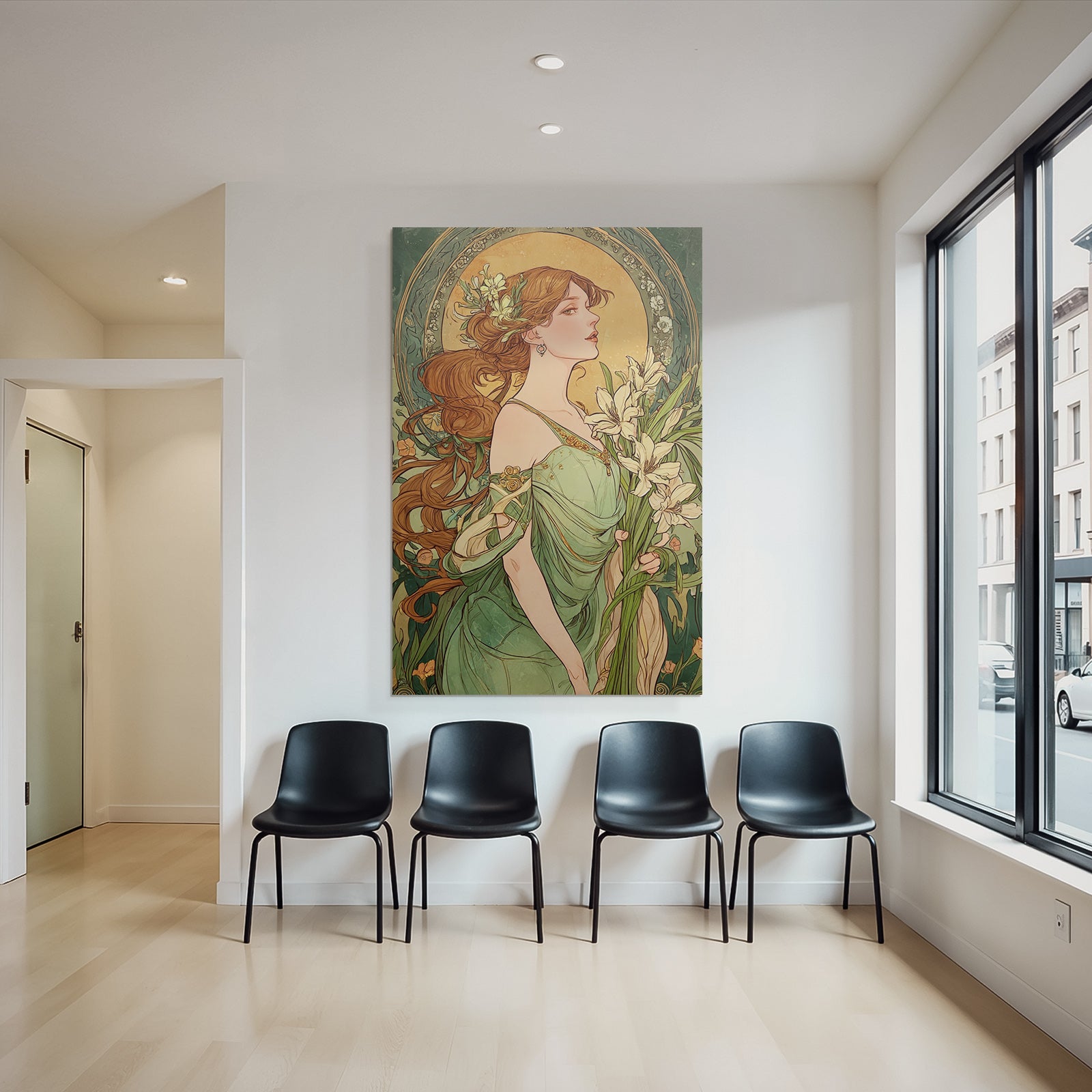 Frau Mit Fliessendem Haar Und Lilien Im Art Nouveau Stil