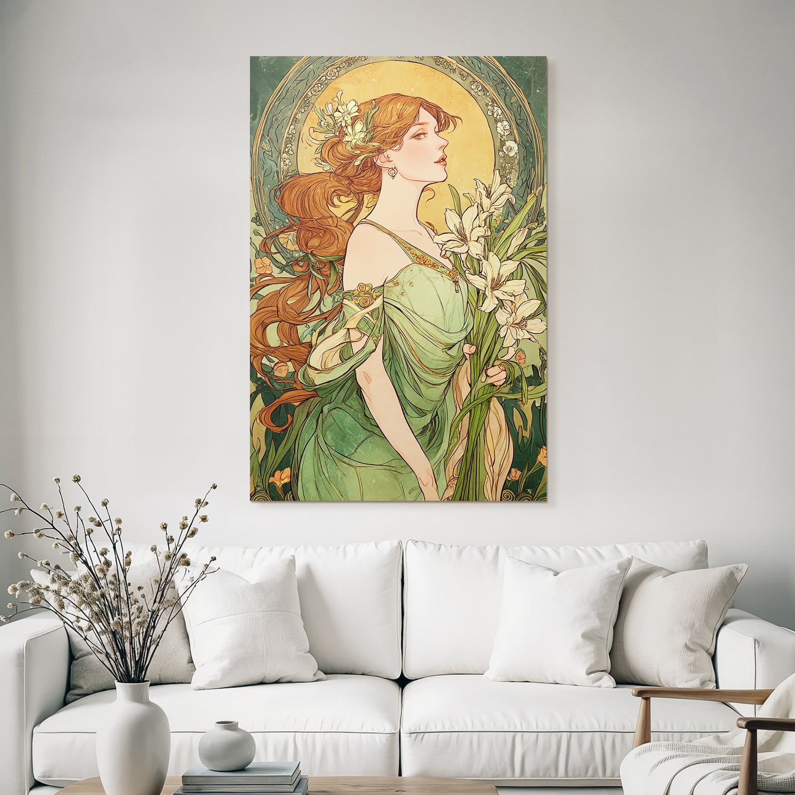Frau Mit Fliessendem Haar Und Lilien Im Art Nouveau Stil