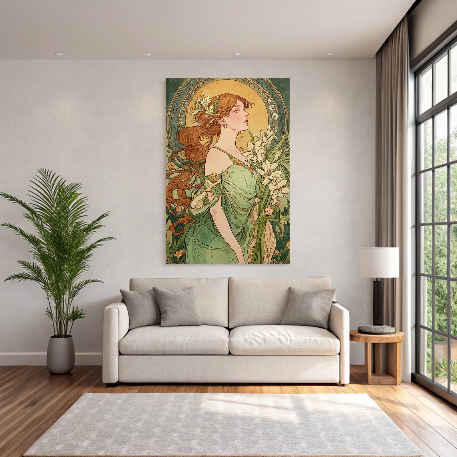 Frau Mit Fliessendem Haar Und Lilien Im Art Nouveau Stil