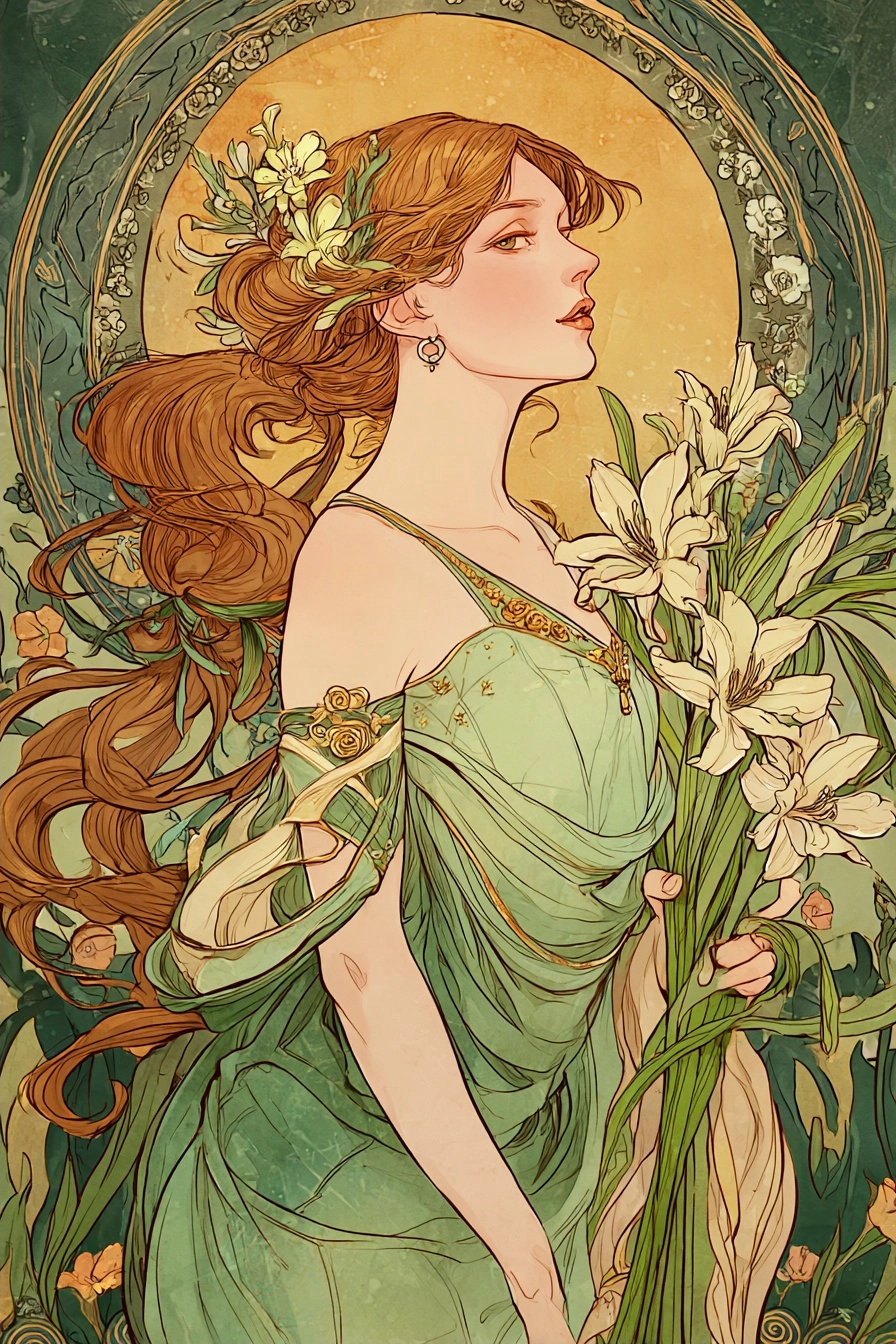 Frau Mit Fliessendem Haar Und Lilien Im Art Nouveau Stil | Jugendstil | Stilrichtungen