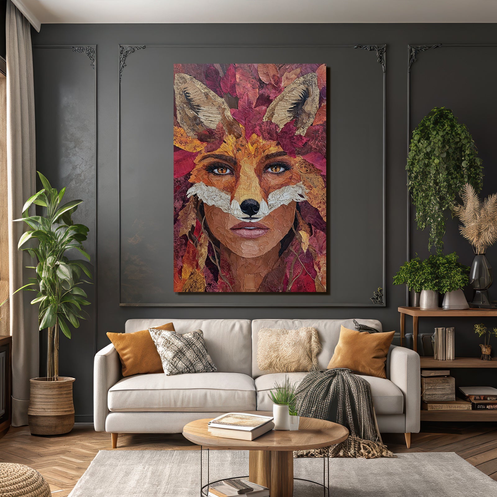 Fraüngesicht Fuchsmerkmale Herbstblätter Kunst