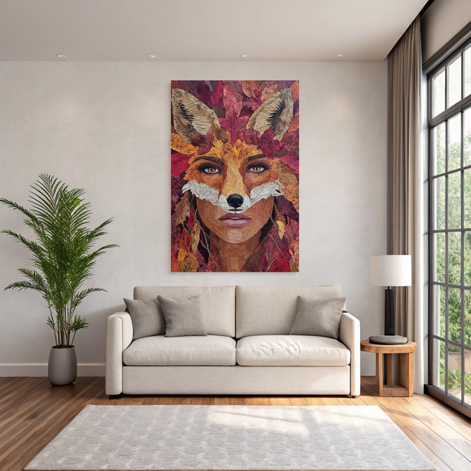Fraüngesicht Fuchsmerkmale Herbstblätter Kunst