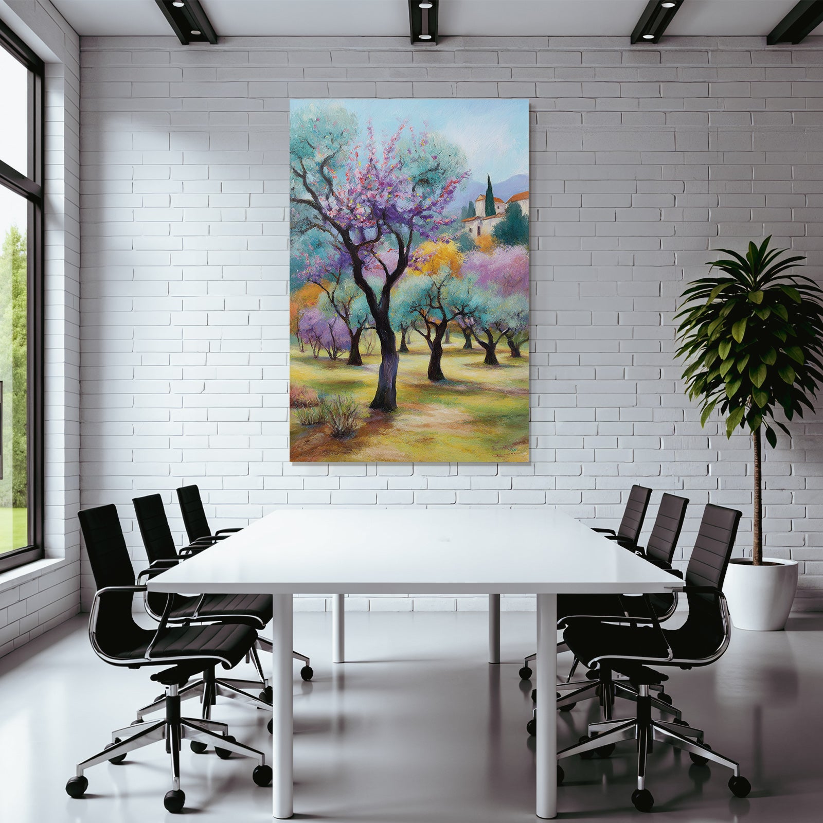 Frühlingslandschaft Mit Farbenfrohen Baeumen Und Baürnhaus