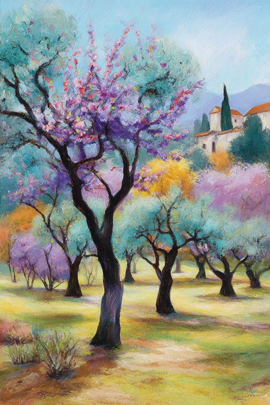 Frühlingslandschaft Mit Farbenfrohen Baeumen Und Baürnhaus | Jugendstil | Stilrichtungen