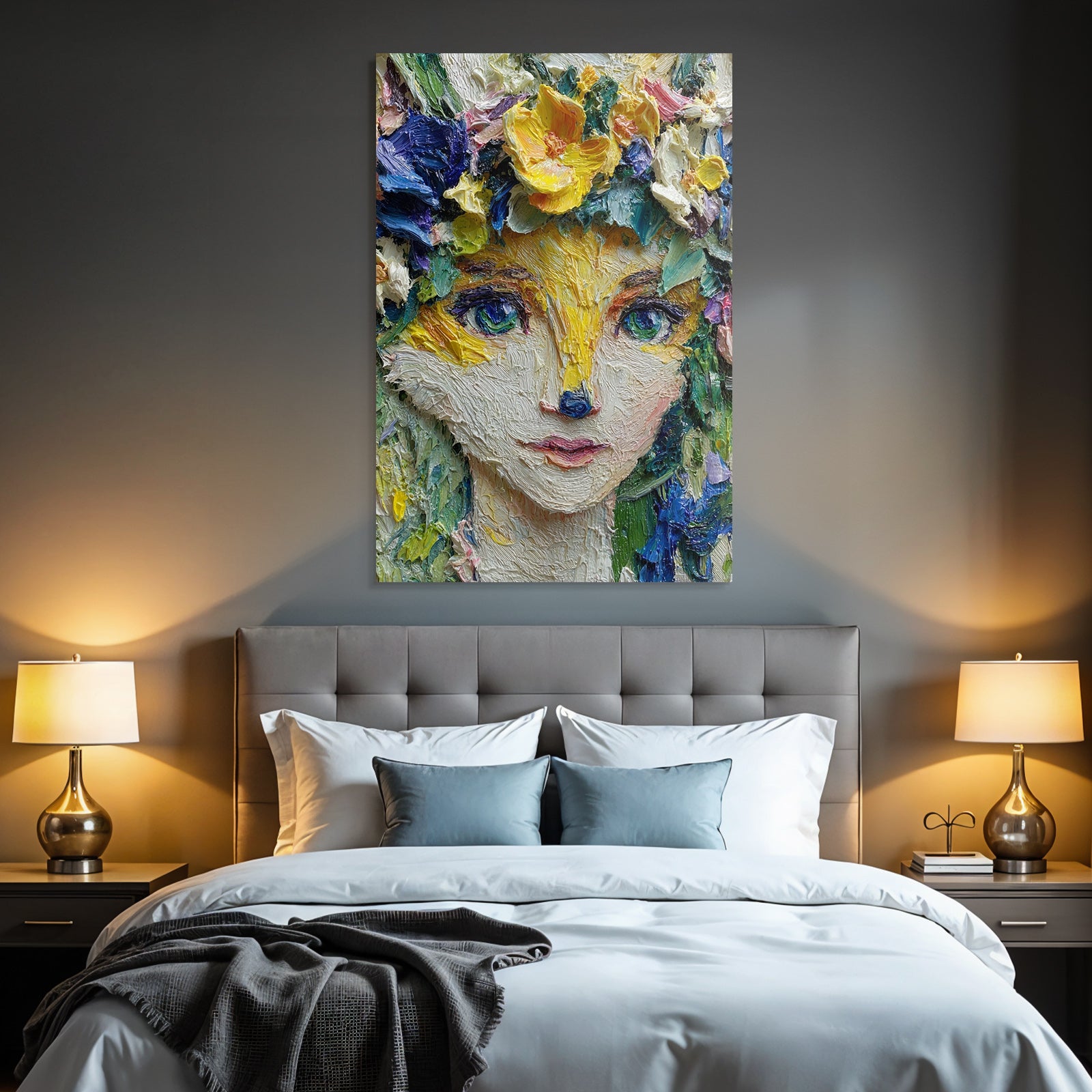 Fuchs Mensch Mit Blumenkrone Impressionistischer Malweise