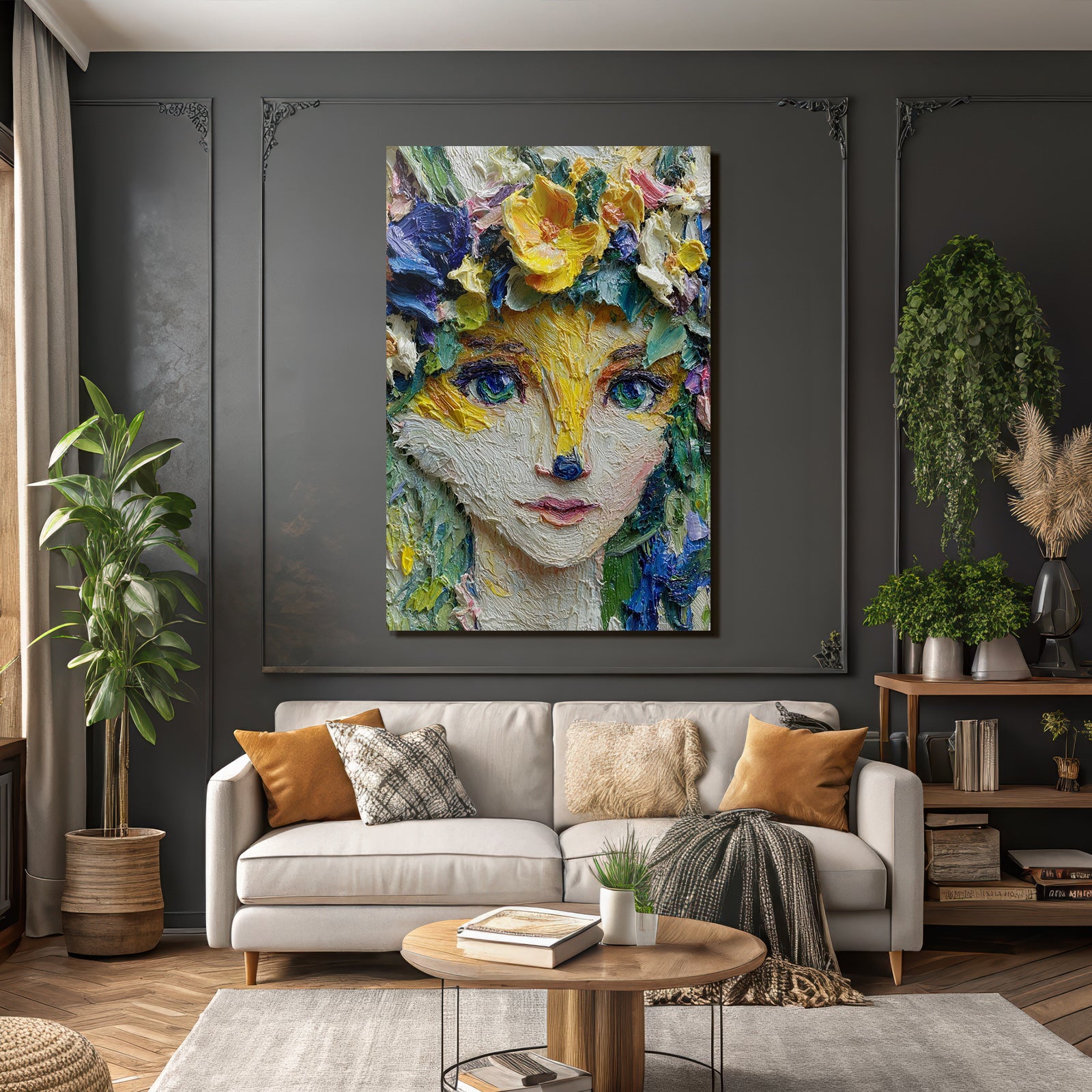 Fuchs Mensch Mit Blumenkrone Impressionistischer Malweise