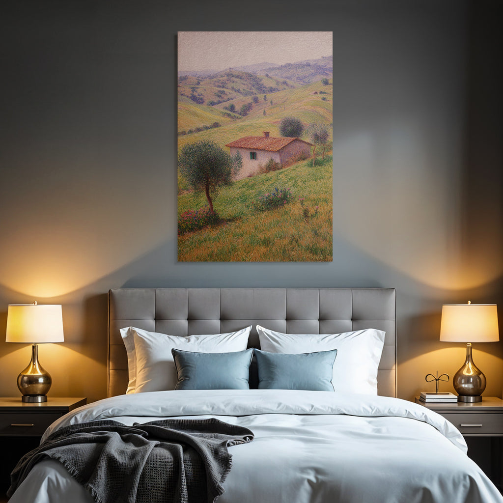 Haus In Grünen Hügeln Im Pointillismus