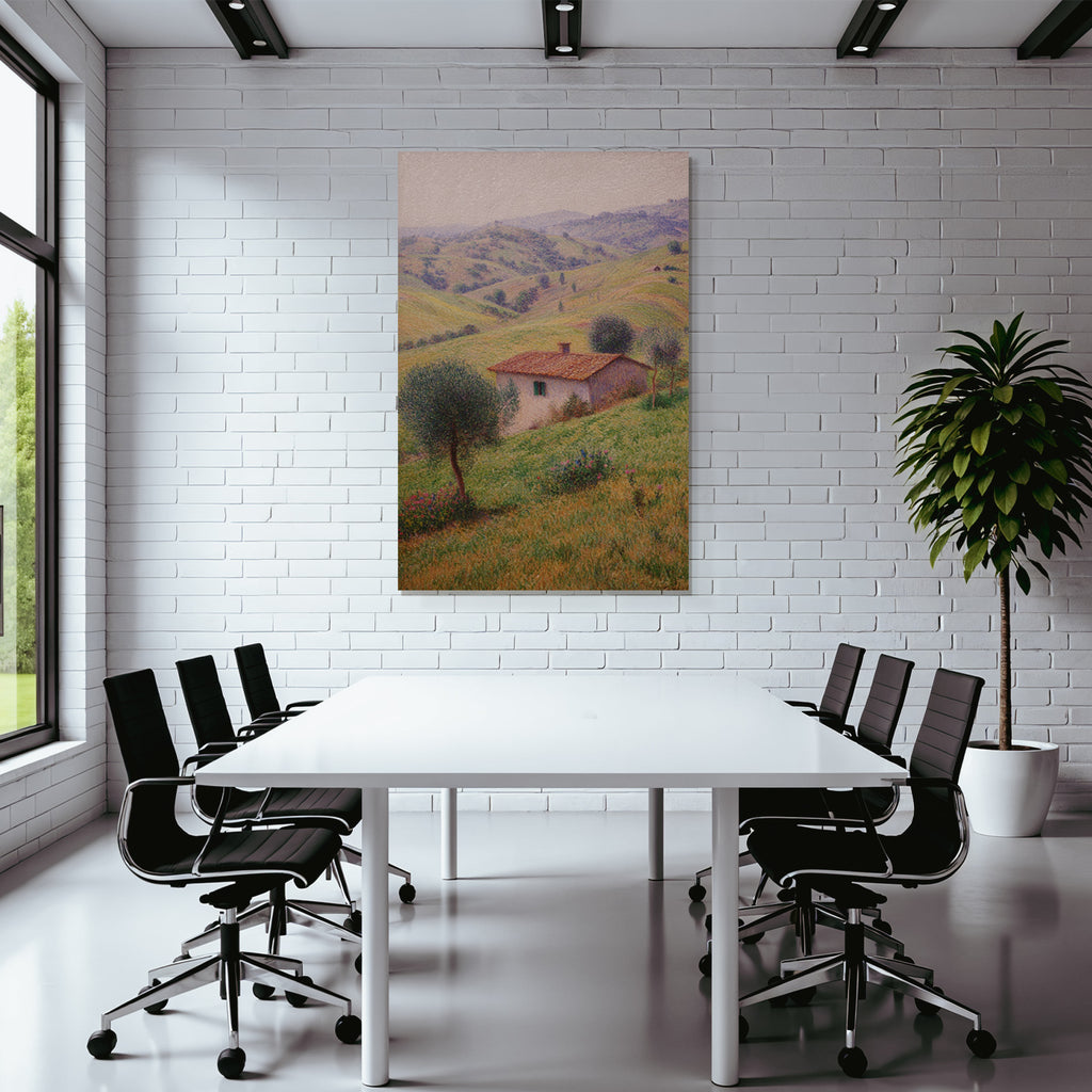 Haus In Grünen Hügeln Im Pointillismus