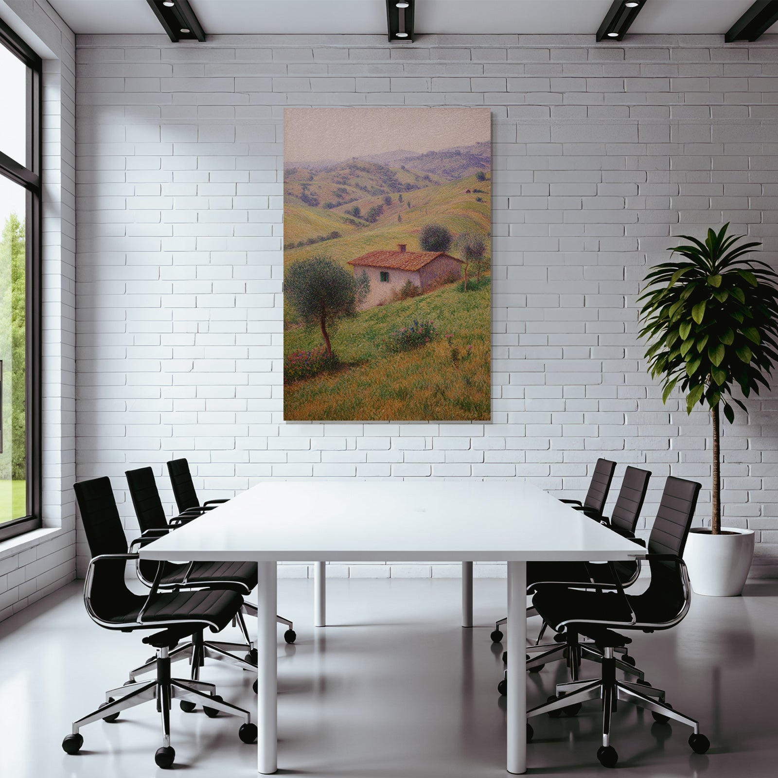 Haus In Grünen Hügeln Im Pointillismus
