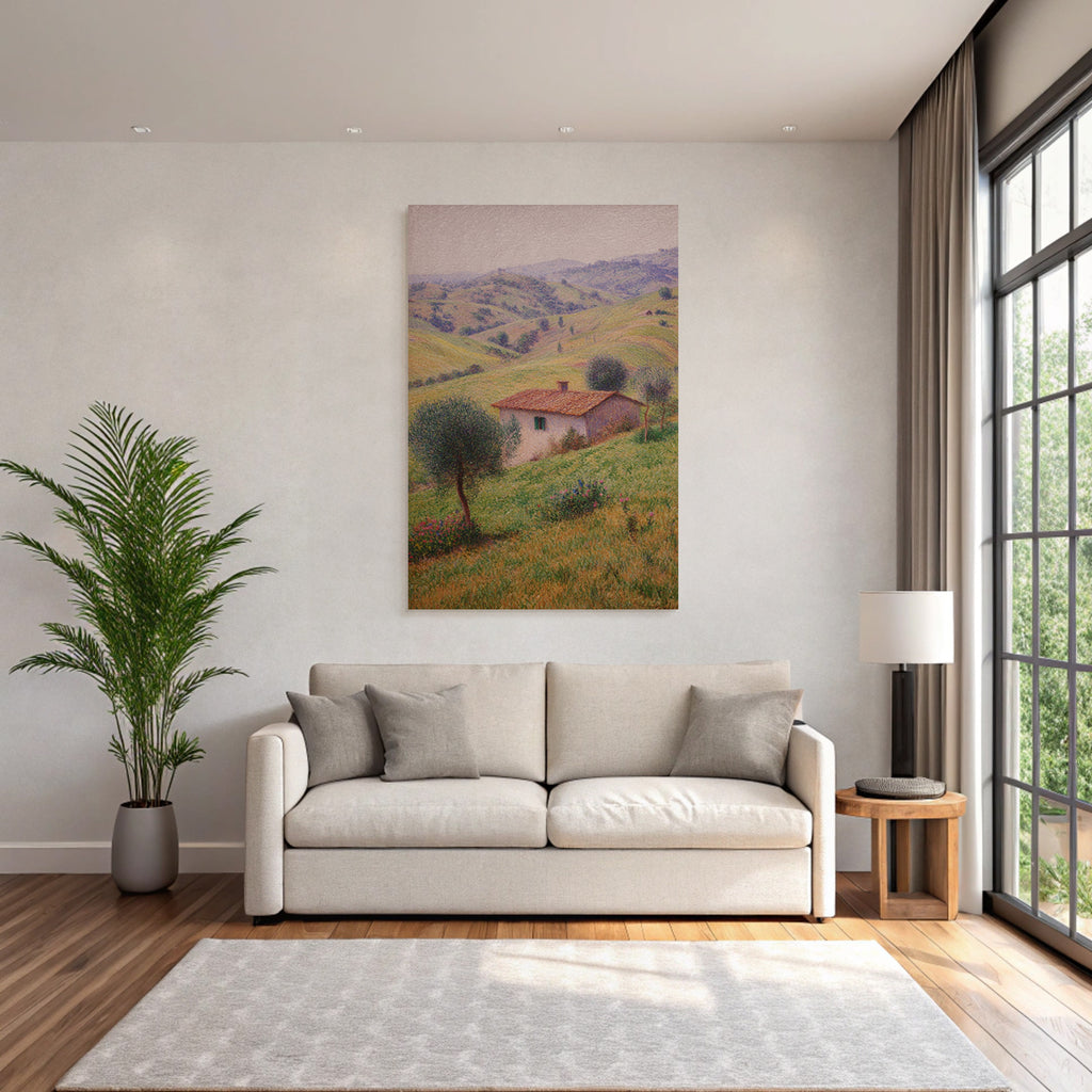 Haus In Grünen Hügeln Im Pointillismus