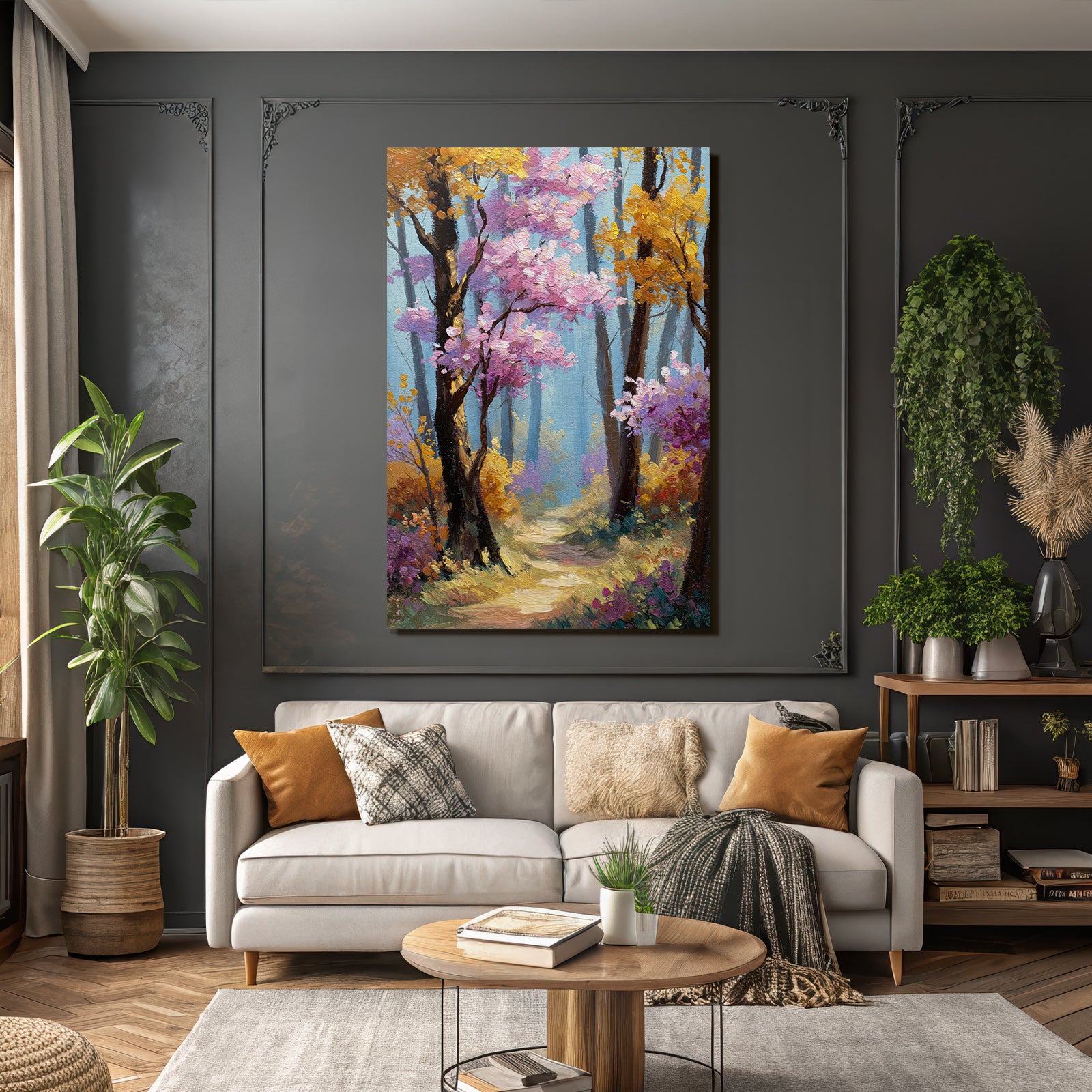 Herbstwald Impressionistisch Gemälde Mit Bunten Baeumen Und Pfad