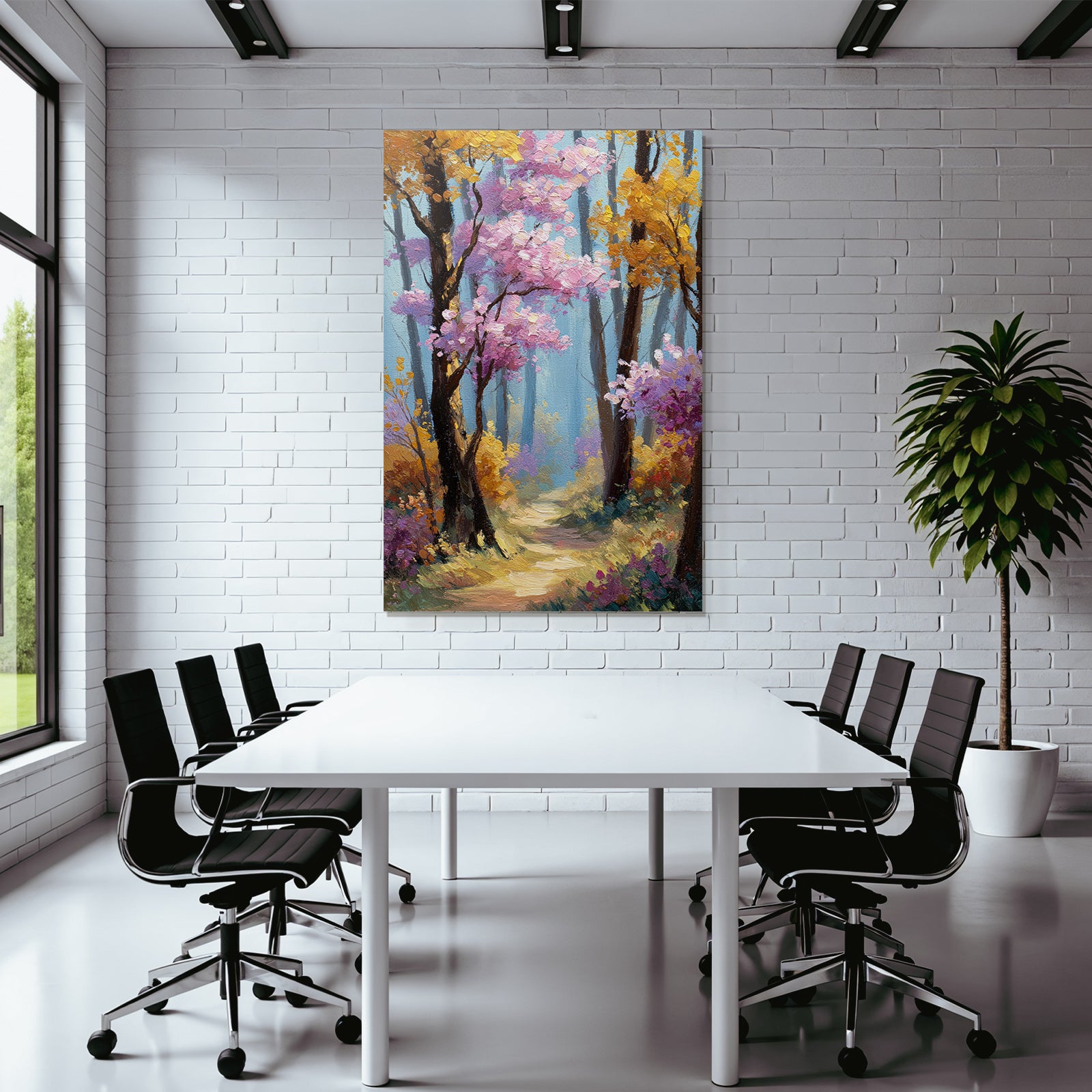 Herbstwald Impressionistisch Gemälde Mit Bunten Baeumen Und Pfad