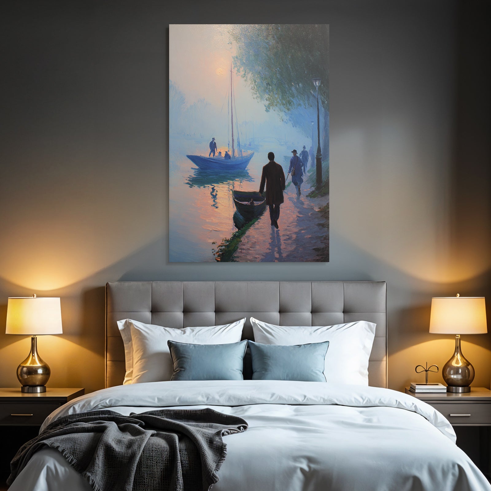 Impressionistische Wasserlandschaft Mit Booten Und Nebel