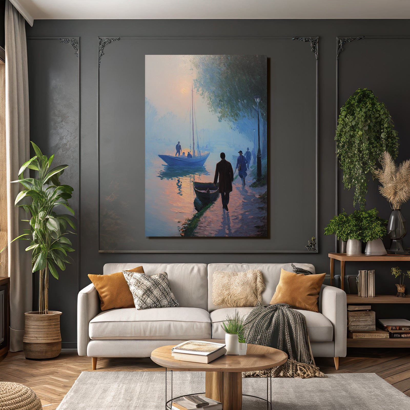 Impressionistische Wasserlandschaft Mit Booten Und Nebel