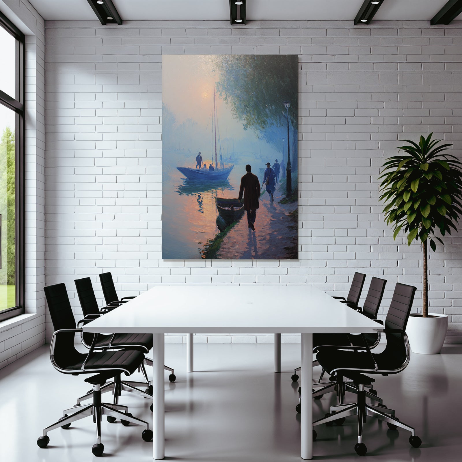 Impressionistische Wasserlandschaft Mit Booten Und Nebel