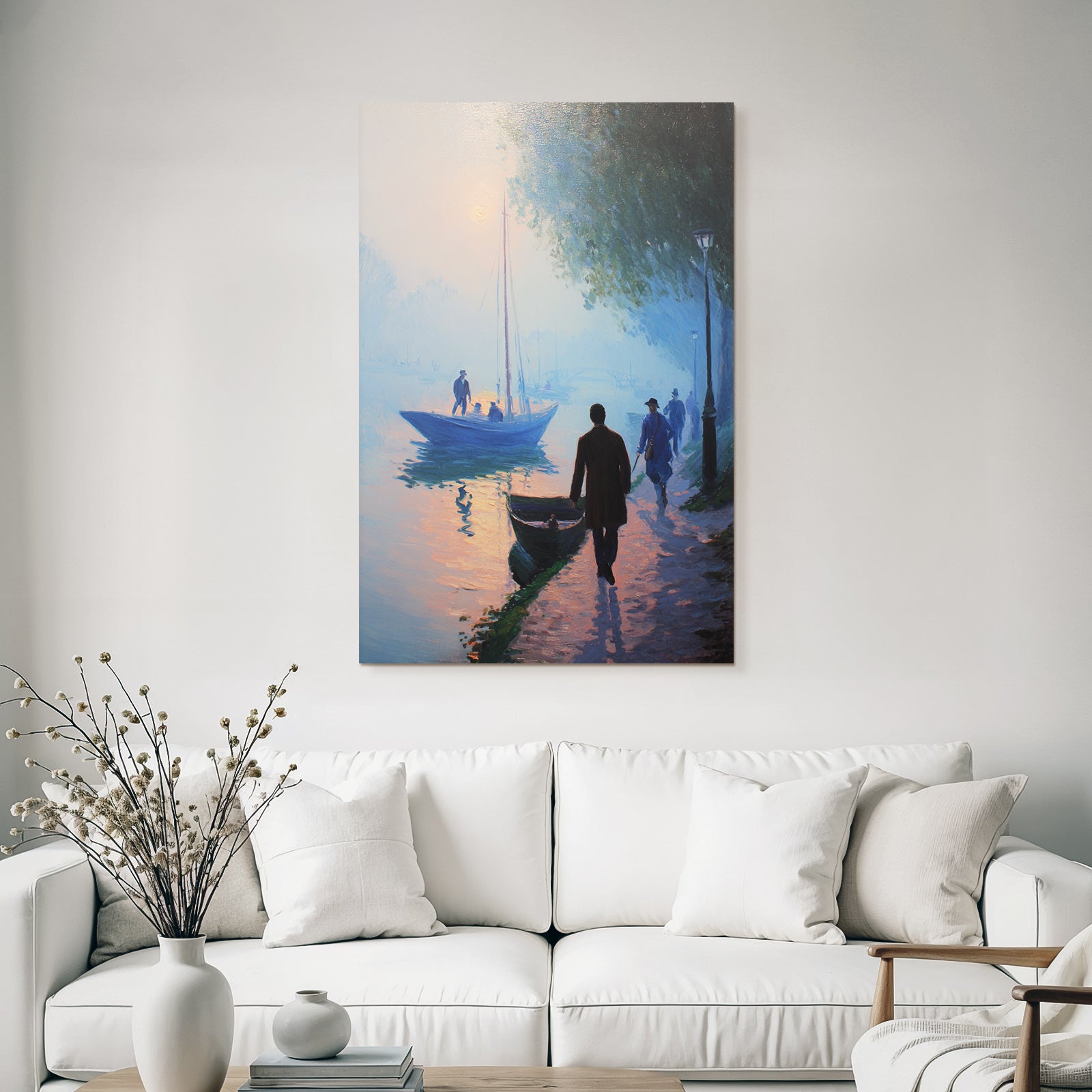 Impressionistische Wasserlandschaft Mit Booten Und Nebel