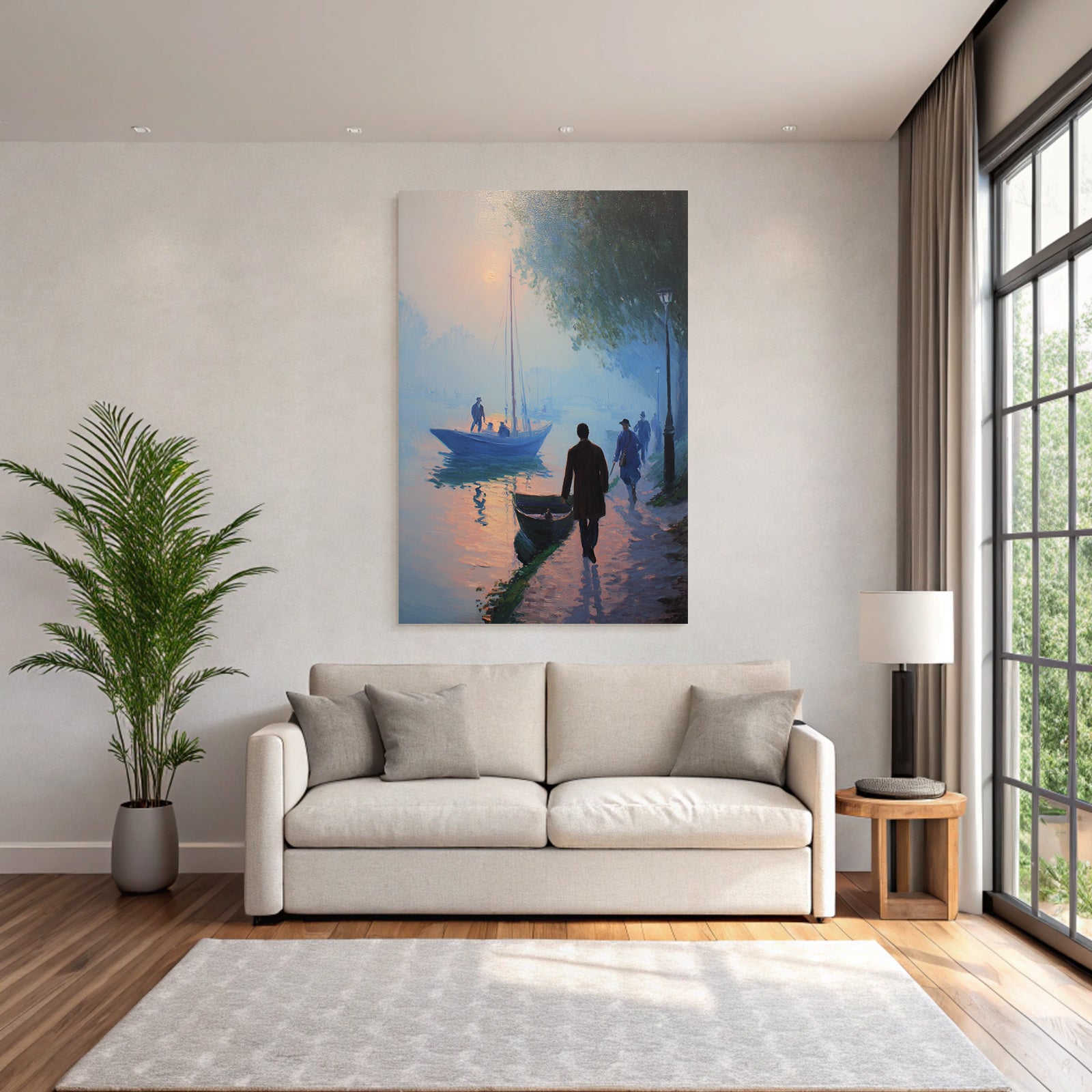 Impressionistische Wasserlandschaft Mit Booten Und Nebel