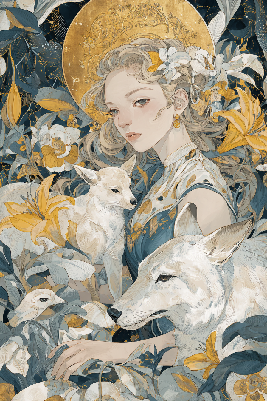 Junge Frau Mit Wolf Und Hirsch Im Goldenen Licht | Jugendstil | Stilrichtungen