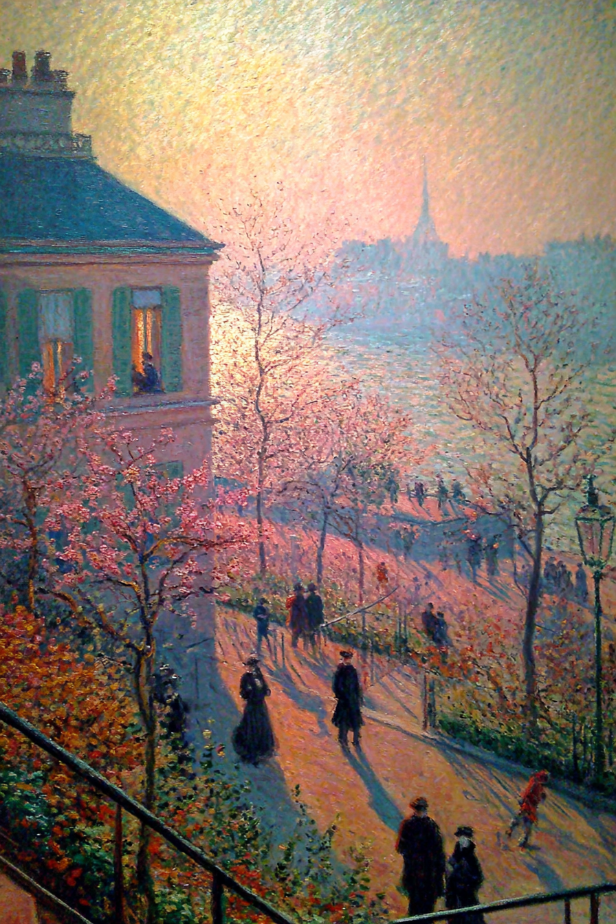 Pastellfarbenes Flussufer Im Frühling Mit Spaziergängern | Jugendstil | Stilrichtungen