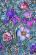 Purpurrosa Blumenmuster Mit Irisen Und Pfingstrosen Auf Blaüm Hintergrund | Jugendstil | Stilrichtungen