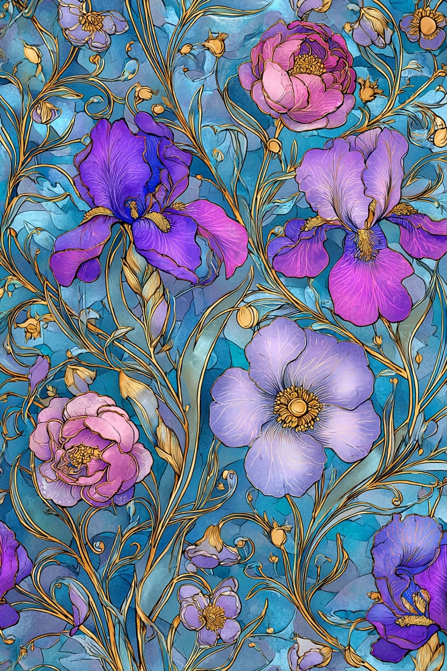 Purpurrosa Blumenmuster Mit Irisen Und Pfingstrosen Auf Blaüm Hintergrund | Jugendstil | Stilrichtungen