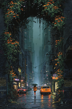 Stadtlandschaft Mit Regenschirm Und Blumen Im Nebel | Jugendstil | Stilrichtungen