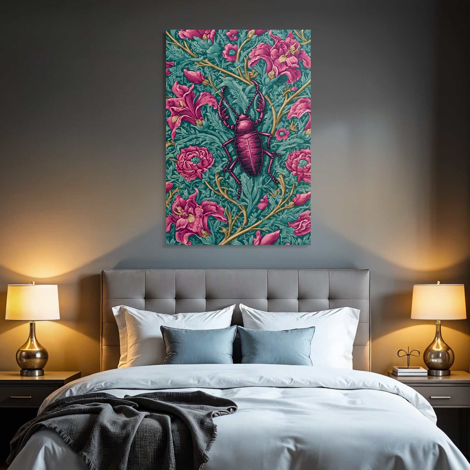 Stilisierter Käfer Mit Üppigen Blumen In Rosa Und Grüntönen