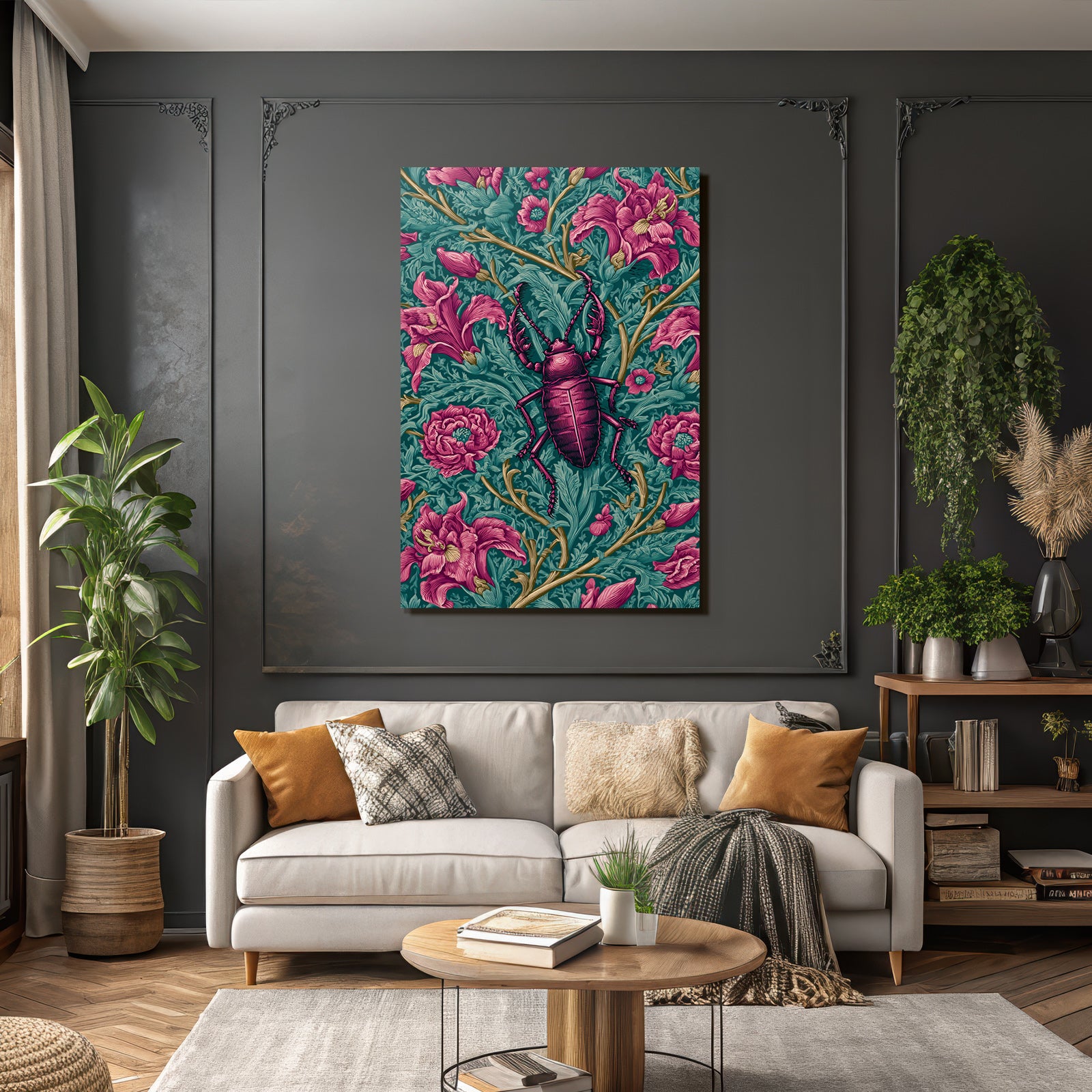 Stilisierter Käfer Mit Üppigen Blumen In Rosa Und Grüntönen