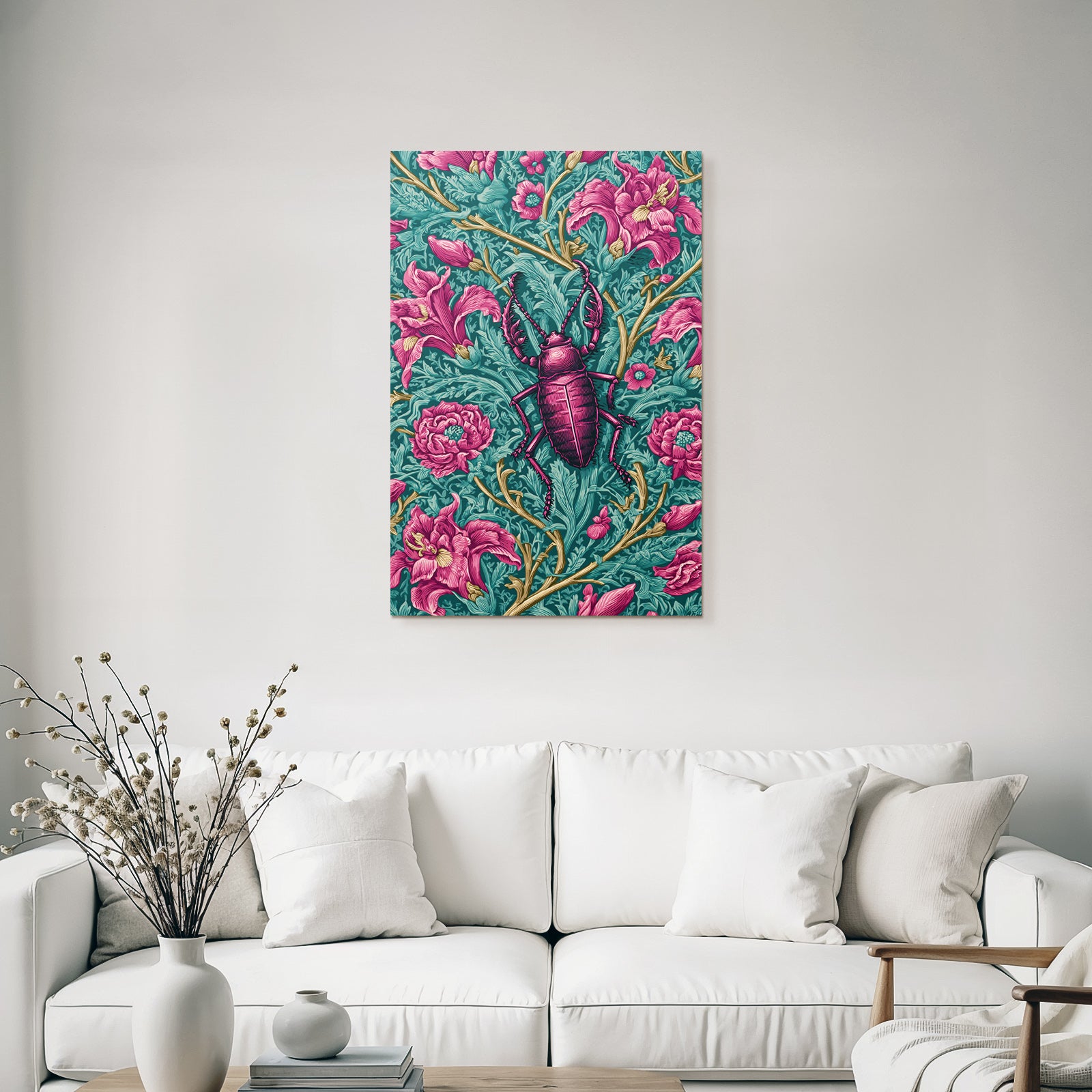 Stilisierter Käfer Mit Üppigen Blumen In Rosa Und Grüntönen