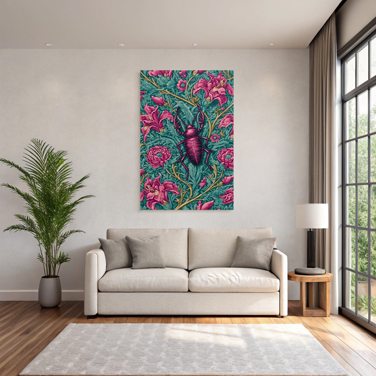 Stilisierter Käfer Mit Üppigen Blumen In Rosa Und Grüntönen