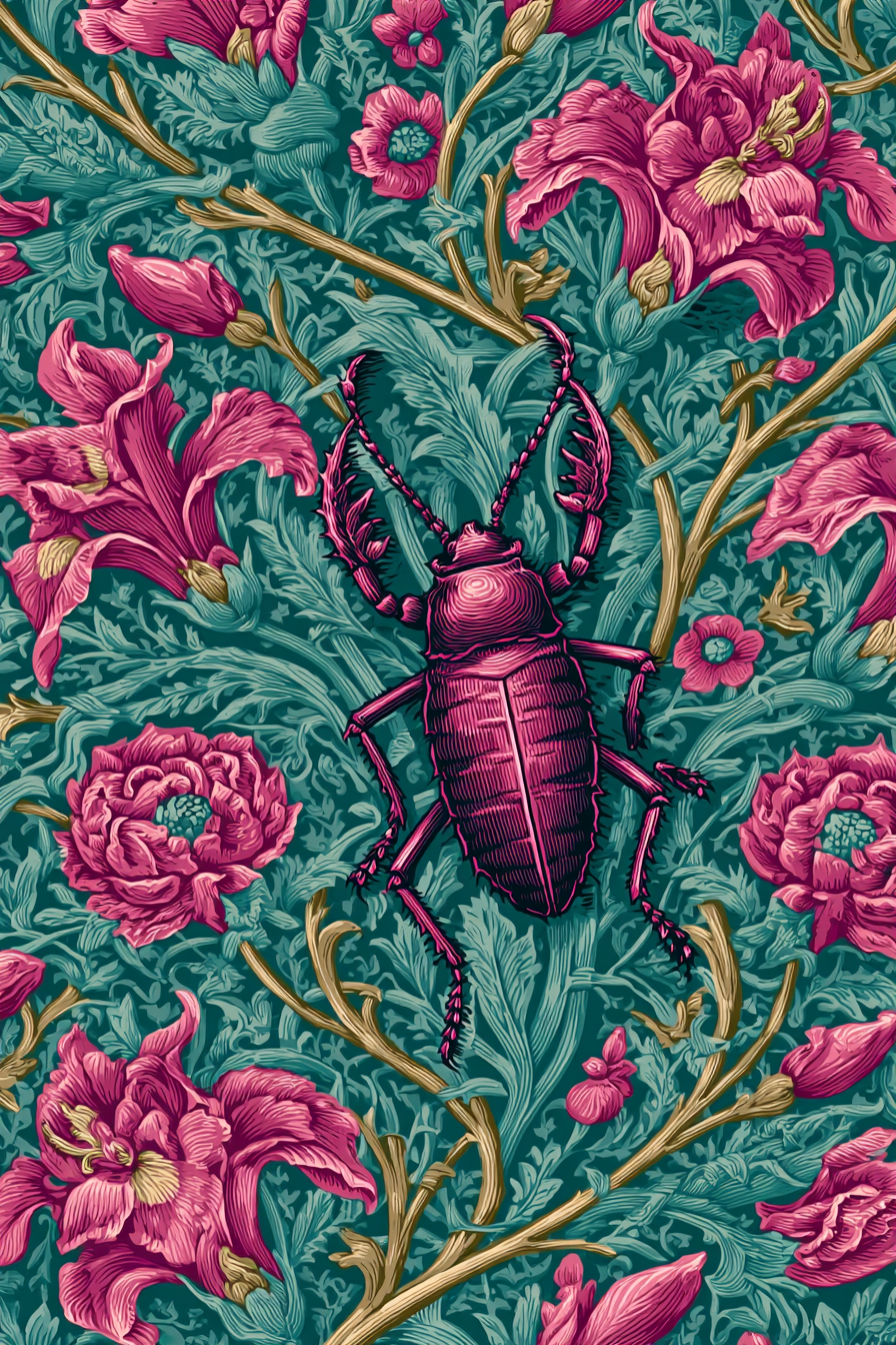 Stilisierter Käfer Mit Üppigen Blumen In Rosa Und Grüntönen | Jugendstil | Stilrichtungen