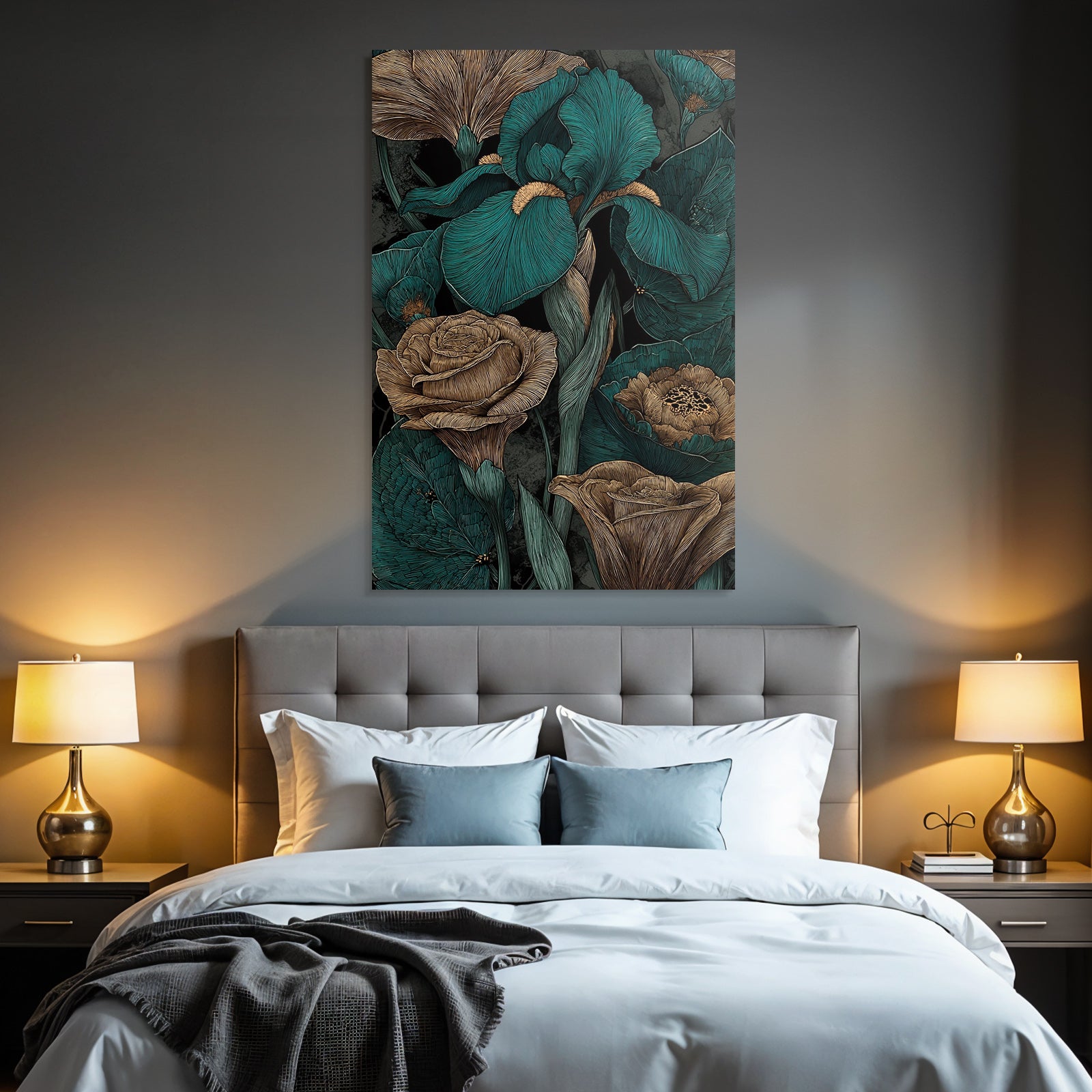 Türkis Braune Blumenzeichnung Mit Irissen Und Rosen Auf Dunklem Hintergrund