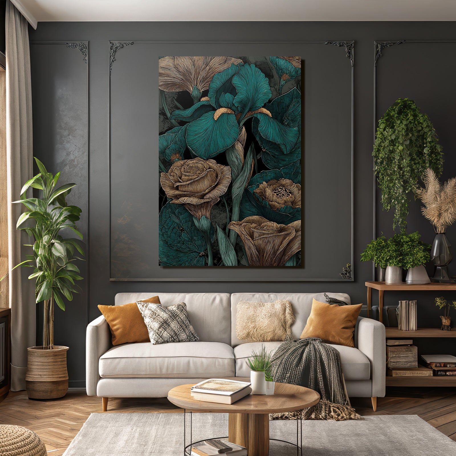 Türkis Braune Blumenzeichnung Mit Irissen Und Rosen Auf Dunklem Hintergrund