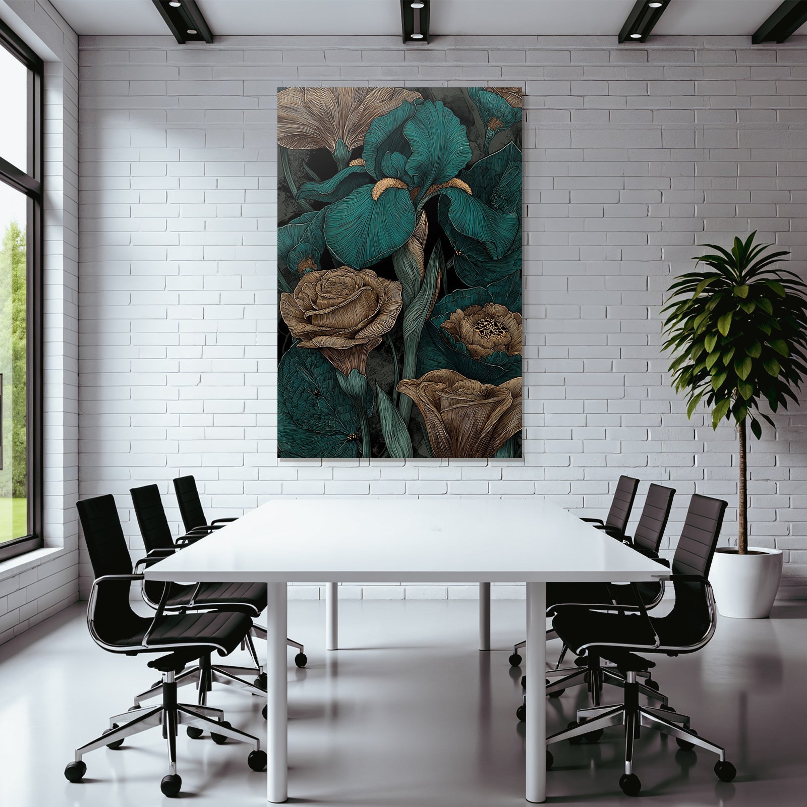 Türkis Braune Blumenzeichnung Mit Irissen Und Rosen Auf Dunklem Hintergrund