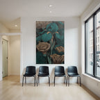 Türkis Braune Blumenzeichnung Mit Irissen Und Rosen Auf Dunklem Hintergrund