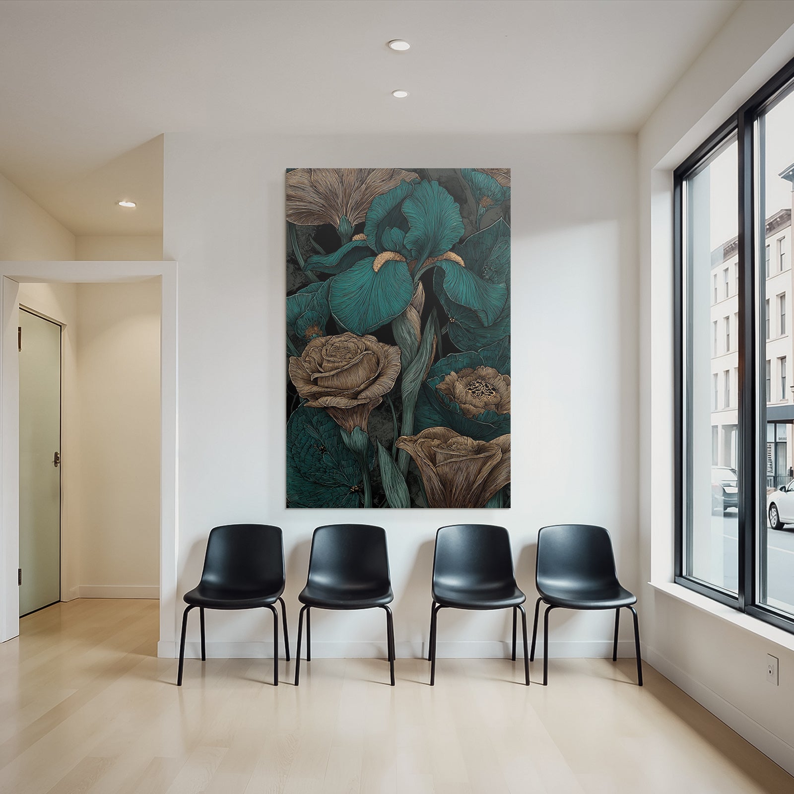 Türkis Braune Blumenzeichnung Mit Irissen Und Rosen Auf Dunklem Hintergrund