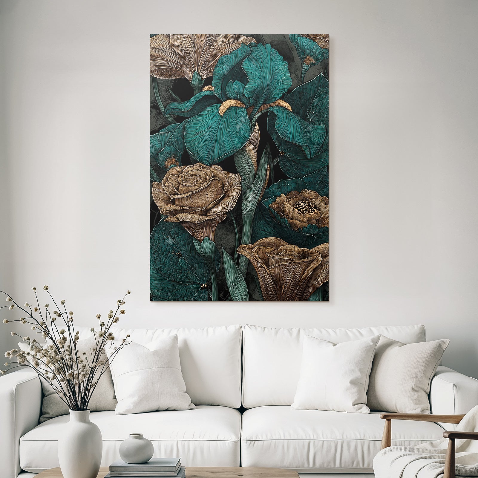 Türkis Braune Blumenzeichnung Mit Irissen Und Rosen Auf Dunklem Hintergrund