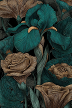 Türkis Braune Blumenzeichnung Mit Irissen Und Rosen Auf Dunklem Hintergrund | Jugendstil | Stilrichtungen