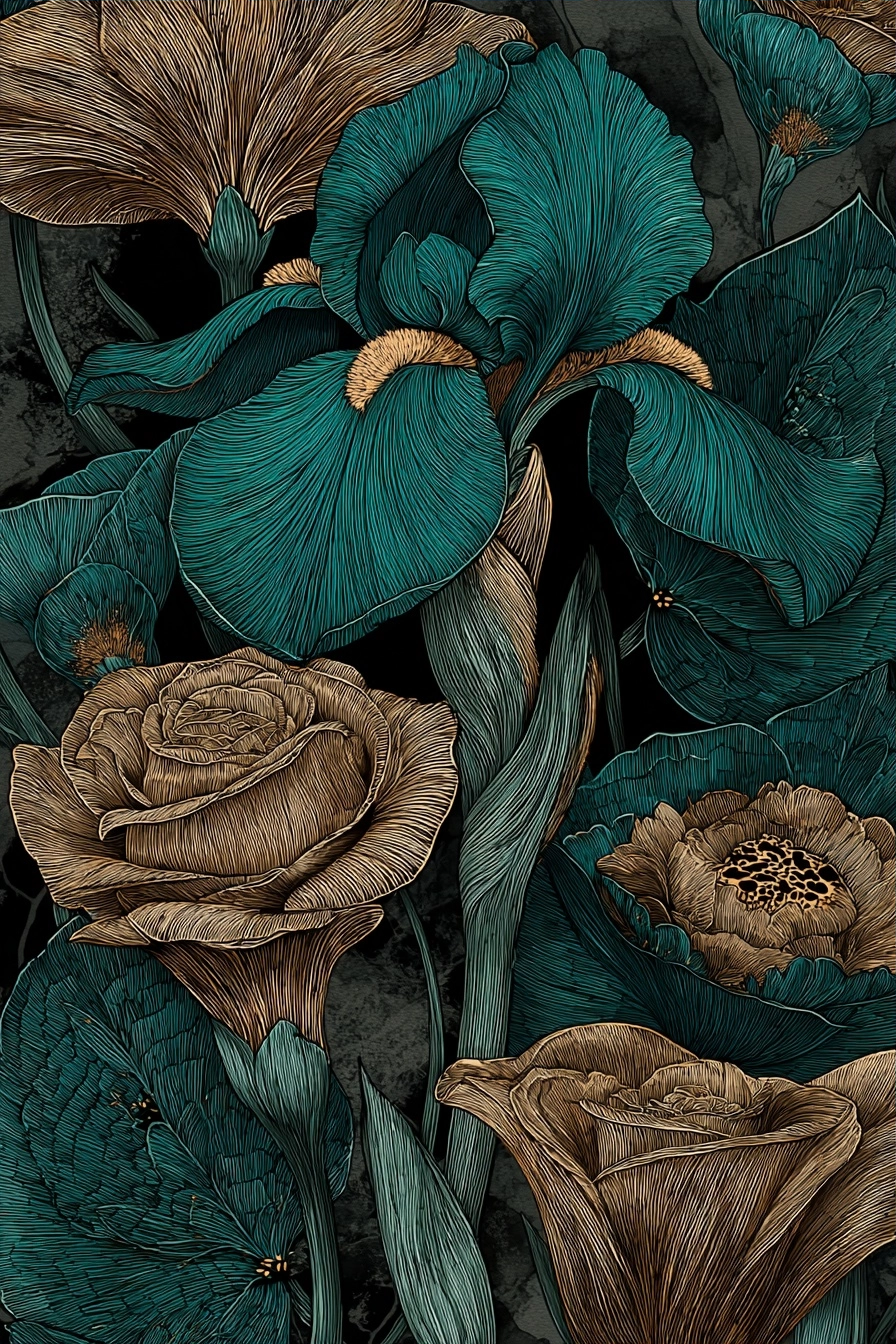 Türkis Braune Blumenzeichnung Mit Irissen Und Rosen Auf Dunklem Hintergrund | Jugendstil | Stilrichtungen