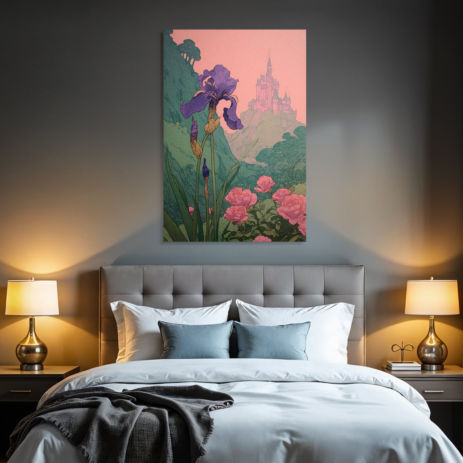 Verzauberte Landschaft Mit Iris Und Rosen Und Einem Fernen Schloss