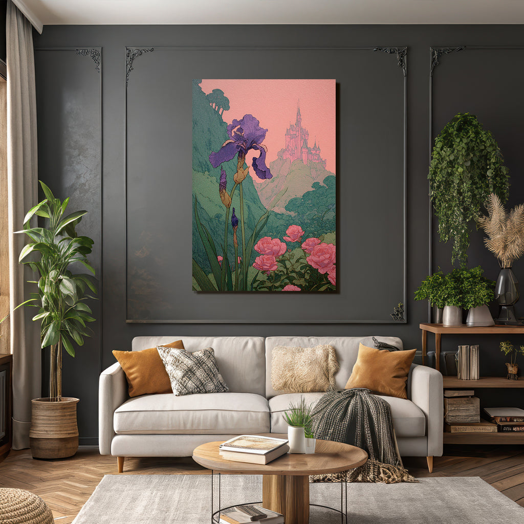Verzauberte Landschaft Mit Iris Und Rosen Und Einem Fernen Schloss
