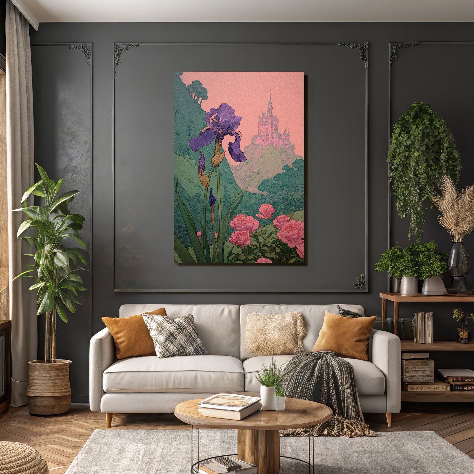 Verzauberte Landschaft Mit Iris Und Rosen Und Einem Fernen Schloss