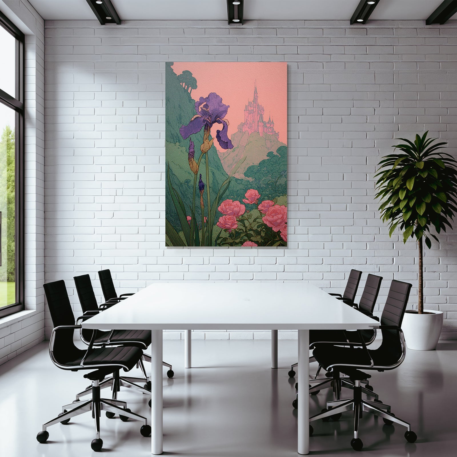 Verzauberte Landschaft Mit Iris Und Rosen Und Einem Fernen Schloss