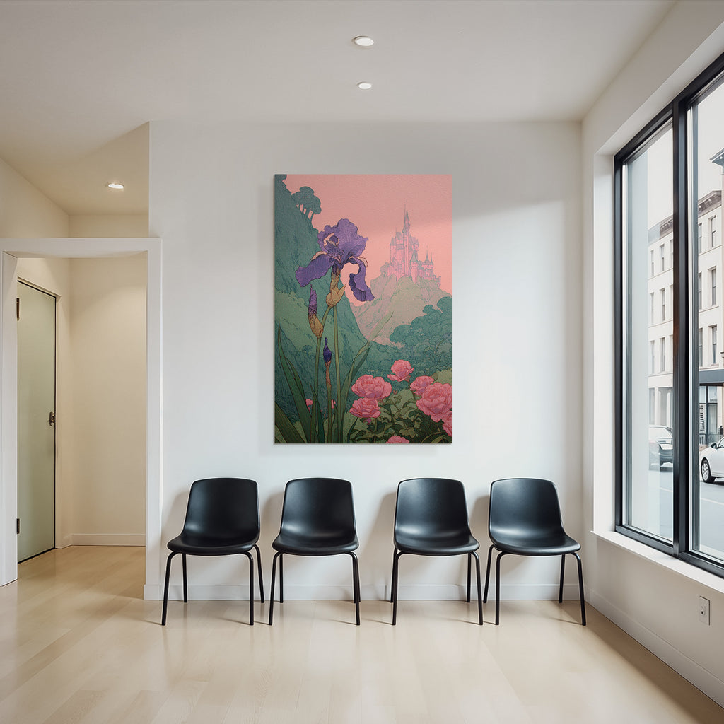 Verzauberte Landschaft Mit Iris Und Rosen Und Einem Fernen Schloss