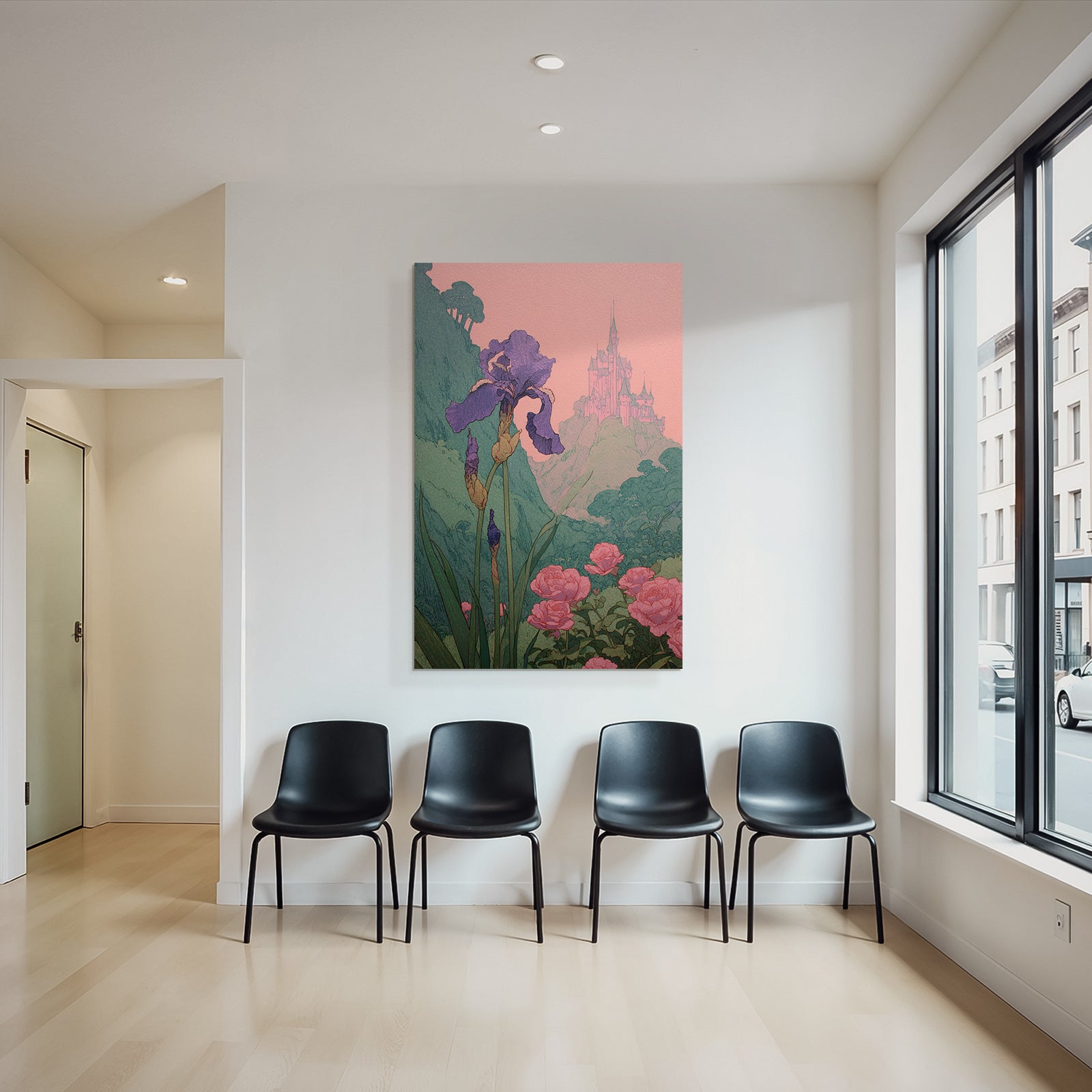 Verzauberte Landschaft Mit Iris Und Rosen Und Einem Fernen Schloss